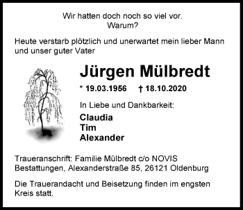Traueranzeige von Jürgen Mülbredt von Nordwest-Zeitung