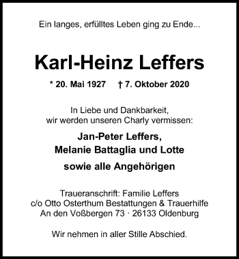 Traueranzeige von Karl-Heinz Leffers von Nordwest-Zeitung