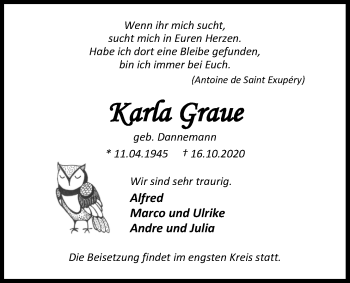Traueranzeige von Karla Graue von Nordwest-Zeitung