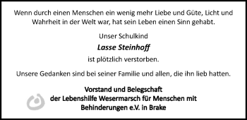 Traueranzeige von Lasse Steinhoff von Nordwest-Zeitung