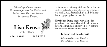 Traueranzeige von Lisa Kruse von Nordwest-Zeitung