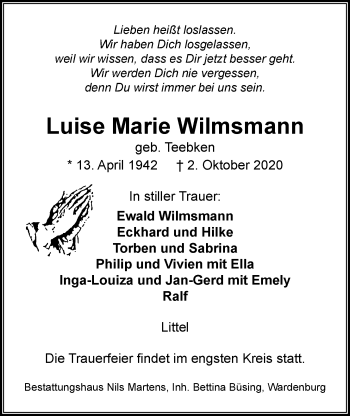 Traueranzeige von Luise Marie Wilmsmann von Nordwest-Zeitung