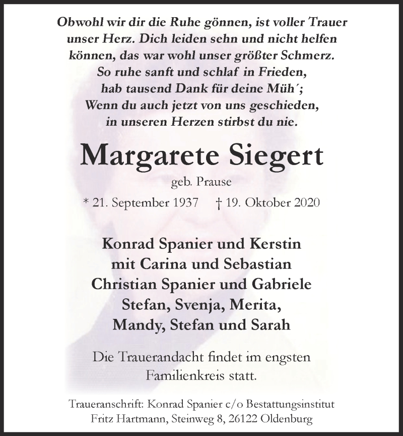  Traueranzeige für Margarete Siegert vom 24.10.2020 aus Nordwest-Zeitung