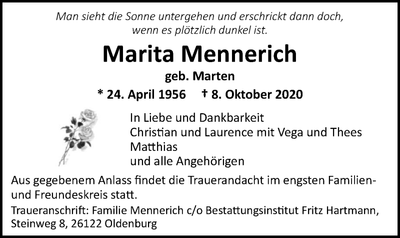  Traueranzeige für Marita Mennerich vom 17.10.2020 aus Nordwest-Zeitung