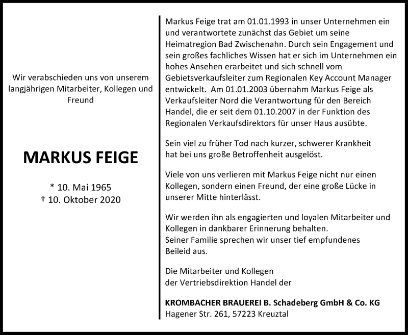  Traueranzeige für Markus Feige vom 17.10.2020 aus Nordwest-Zeitung