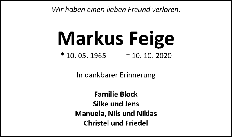  Traueranzeige für Markus Feige vom 14.10.2020 aus Nordwest-Zeitung