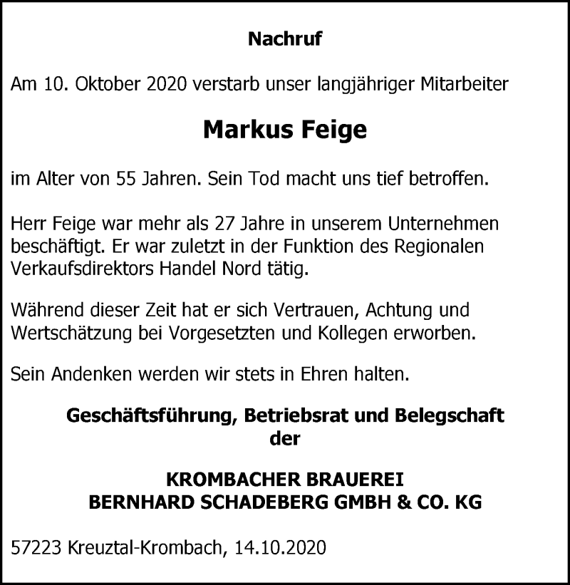  Traueranzeige für Markus Feige vom 14.10.2020 aus Nordwest-Zeitung