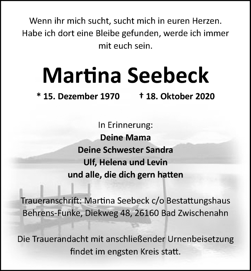  Traueranzeige für Martina Seebeck vom 24.10.2020 aus Nordwest-Zeitung