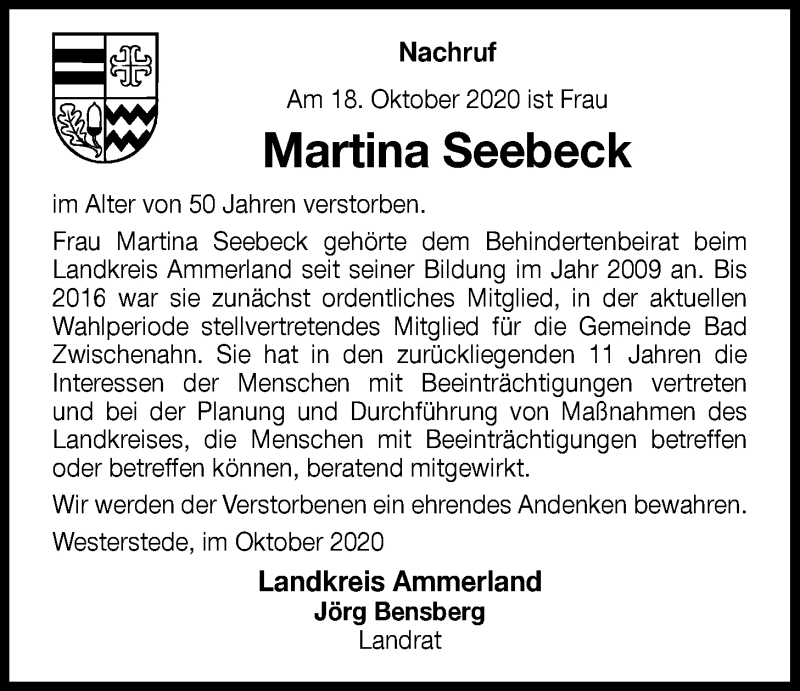  Traueranzeige für Martina Seebeck vom 30.10.2020 aus Nordwest-Zeitung