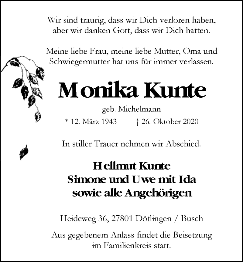  Traueranzeige für Monika Kunte vom 29.10.2020 aus Nordwest-Zeitung