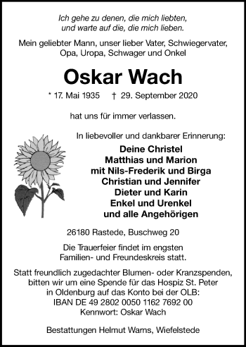 Traueranzeige von Oskar Wach von Nordwest-Zeitung