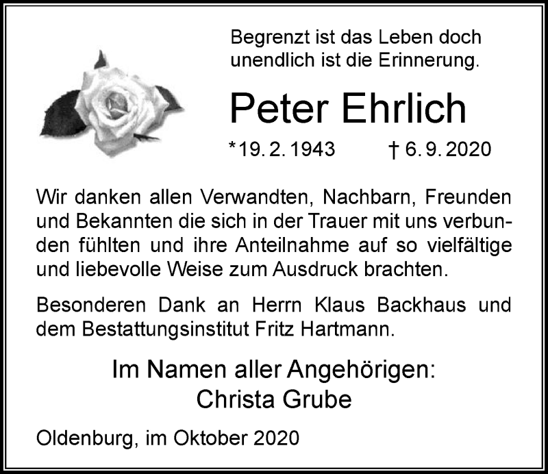  Traueranzeige für Peter Ehrlich vom 02.10.2020 aus Nordwest-Zeitung