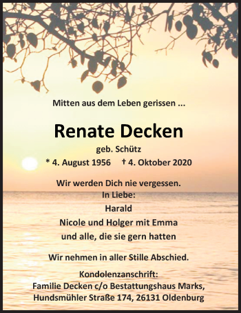 Traueranzeige von Renate Decken von Nordwest-Zeitung