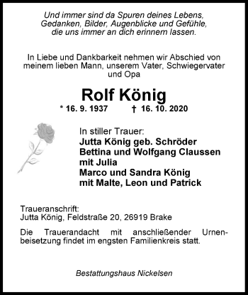 Traueranzeige von Rolf König von Nordwest-Zeitung