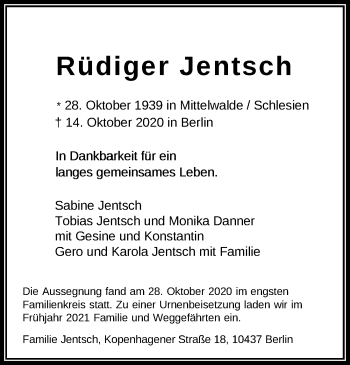 Traueranzeige von Rüdiger E. Jentsch von Nordwest-Zeitung