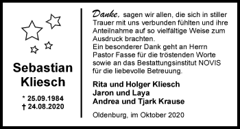 Traueranzeige von Sebastian Kliesch von Nordwest-Zeitung