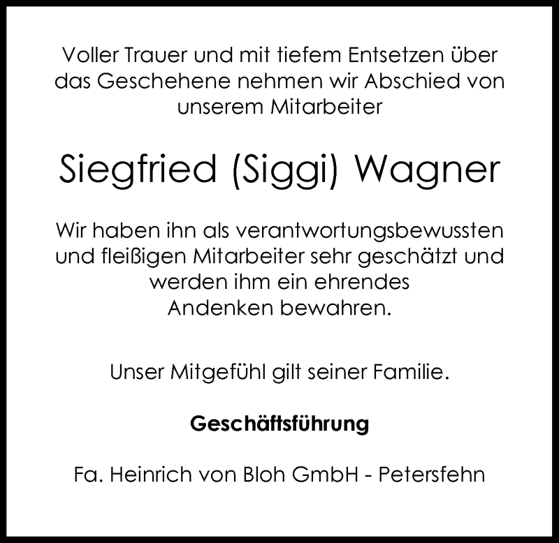  Traueranzeige für Siegfried Wagner vom 24.10.2020 aus Nordwest-Zeitung