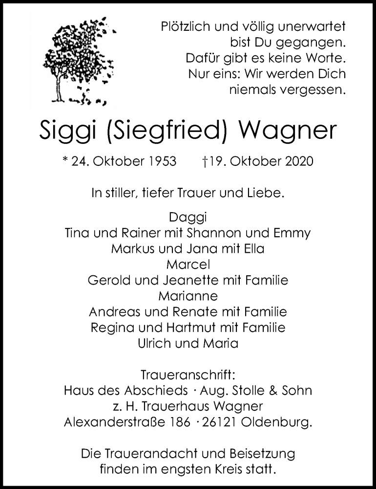  Traueranzeige für Siegfried Wagner vom 24.10.2020 aus Nordwest-Zeitung