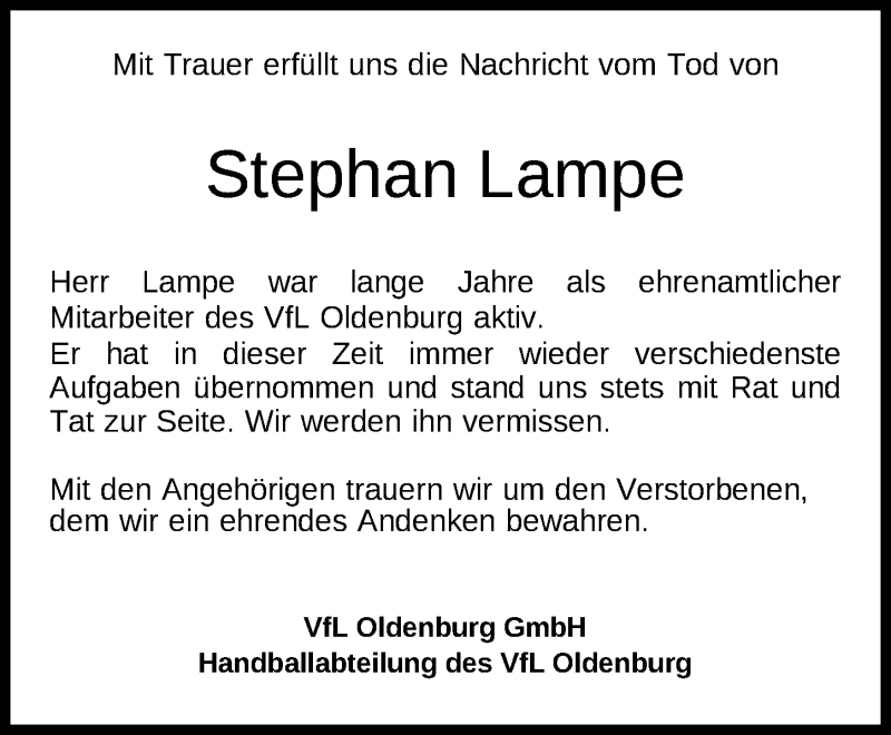  Traueranzeige für Stephan Lampe vom 13.10.2020 aus Nordwest-Zeitung