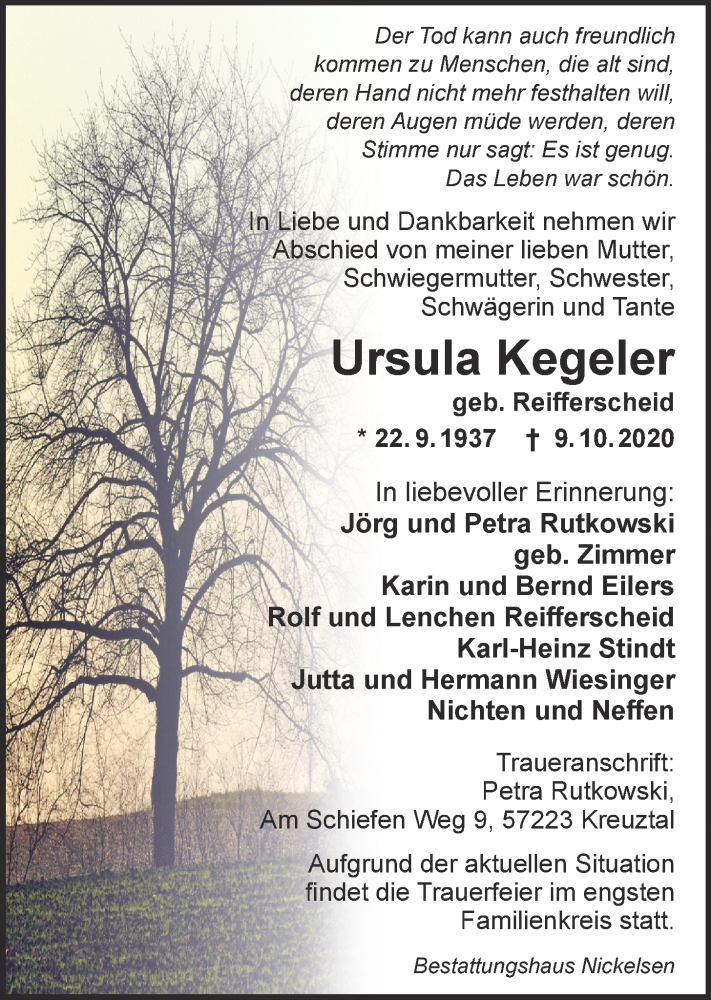  Traueranzeige für Ursula Kegeler vom 17.10.2020 aus Nordwest-Zeitung