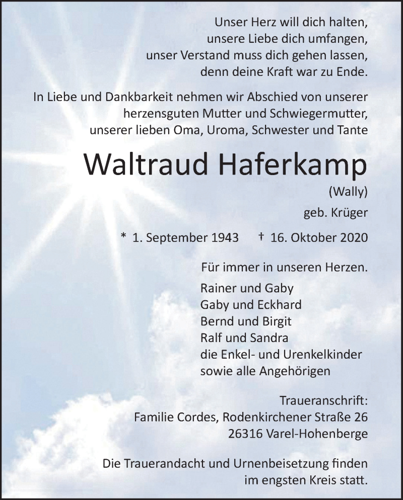  Traueranzeige für Waltraud Haferkamp vom 24.10.2020 aus Nordwest-Zeitung