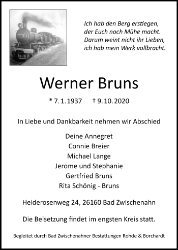 Traueranzeige von Werner Bruns von Nordwest-Zeitung