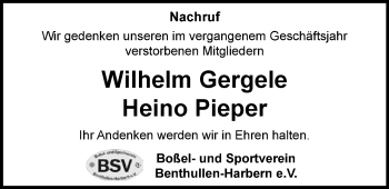 Traueranzeige von Wilhelm Gergele von Nordwest-Zeitung