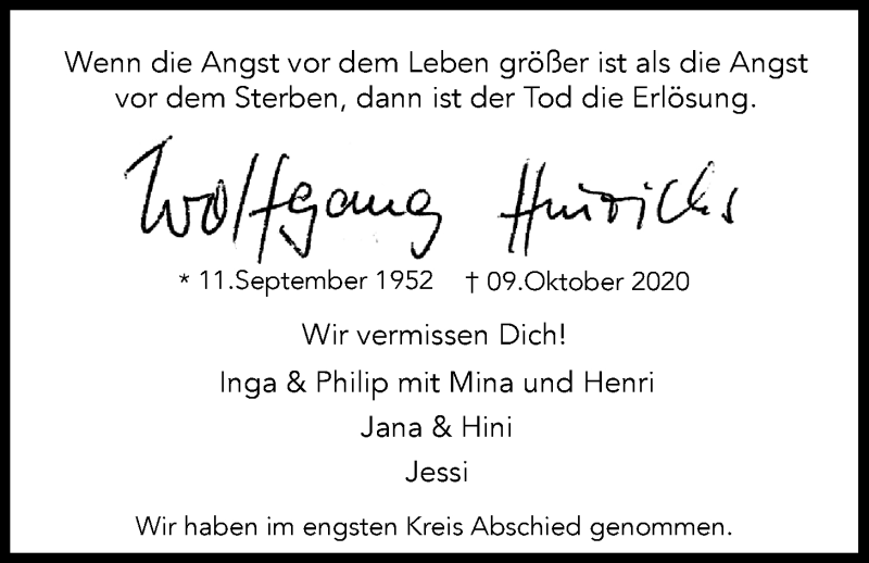  Traueranzeige für Wolfgang Hinrichs vom 30.10.2020 aus Nordwest-Zeitung