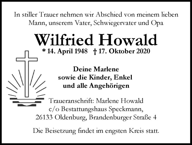  Traueranzeige für Wolfgang Howald vom 24.10.2020 aus Nordwest-Zeitung