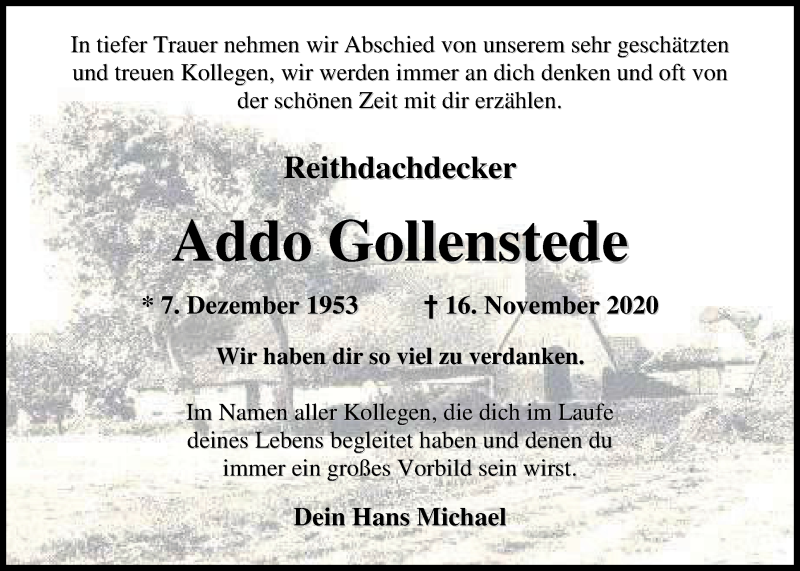  Traueranzeige für Addo Gollenstede vom 19.11.2020 aus Nordwest-Zeitung