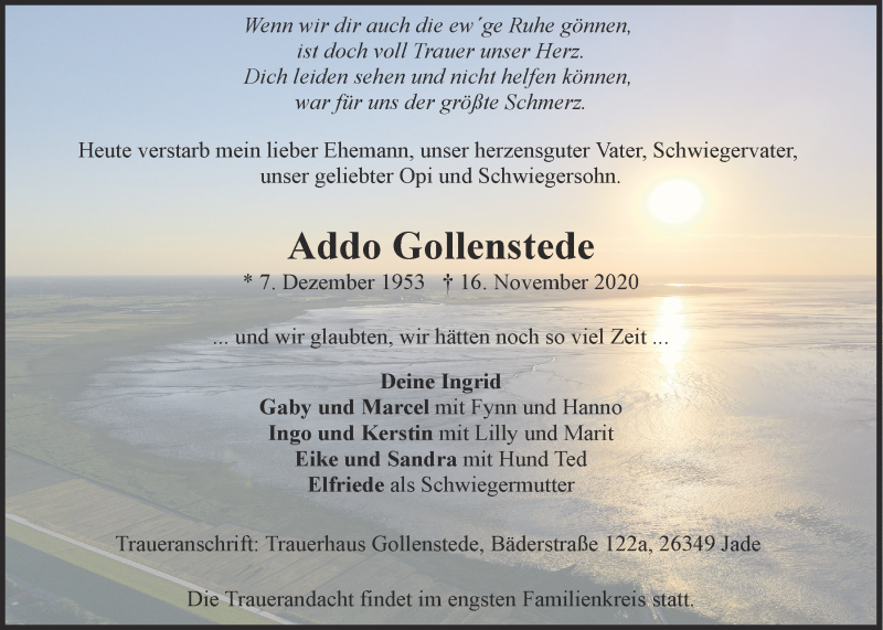  Traueranzeige für Addo Gollenstede vom 18.11.2020 aus Nordwest-Zeitung