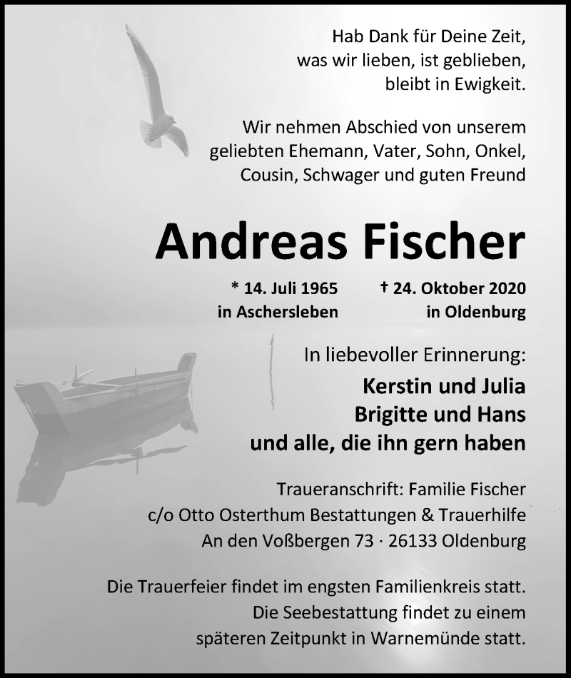  Traueranzeige für Andreas Fischer vom 02.11.2020 aus Nordwest-Zeitung