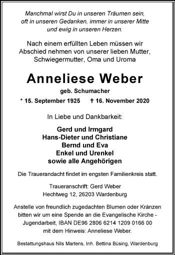 Traueranzeige von Anneliese Weber von Nordwest-Zeitung