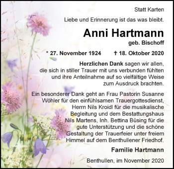 Traueranzeige von Anni Hartmann von Nordwest-Zeitung