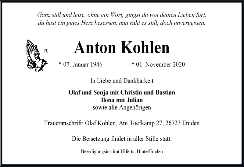  Traueranzeige für Anton Kohlen vom 18.11.2020 aus Emder Zeitung