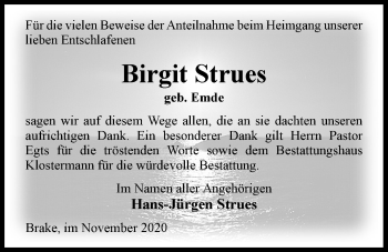 Traueranzeige von Birgit Strues von Nordwest-Zeitung