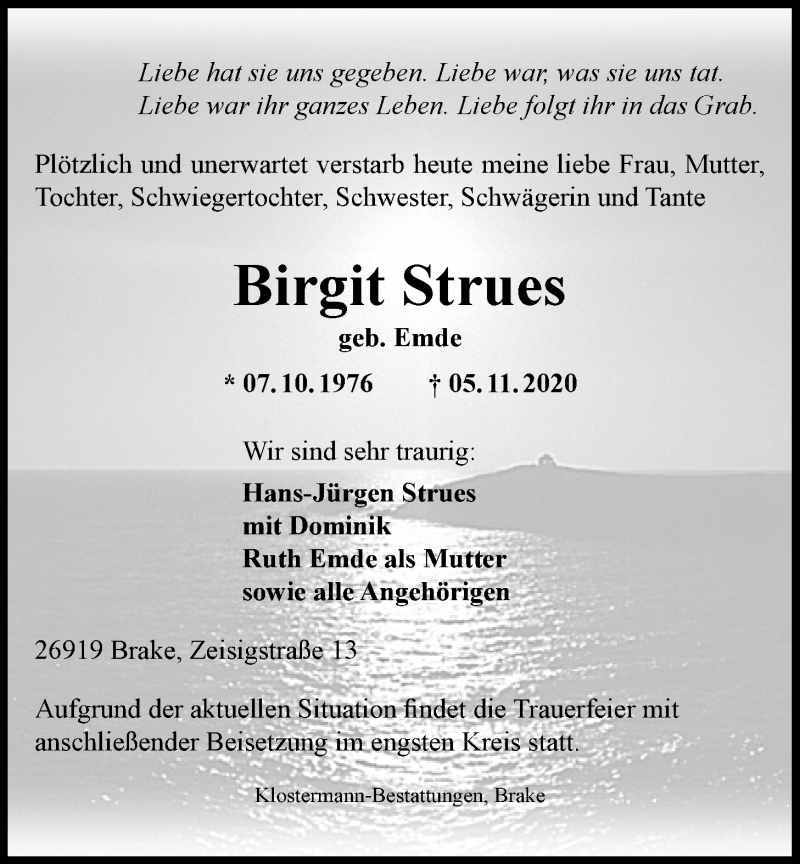  Traueranzeige für Birgit Strues vom 07.11.2020 aus Nordwest-Zeitung