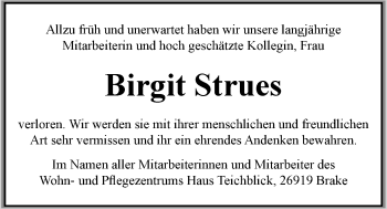 Traueranzeige von Birgit Strues von Nordwest-Zeitung