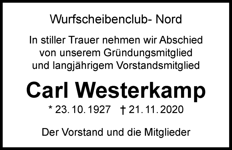  Traueranzeige für Carl Westerkamp vom 24.11.2020 aus Nordwest-Zeitung