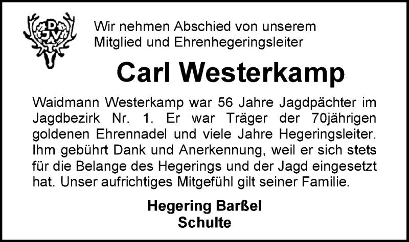  Traueranzeige für Carl Westerkamp vom 24.11.2020 aus Nordwest-Zeitung