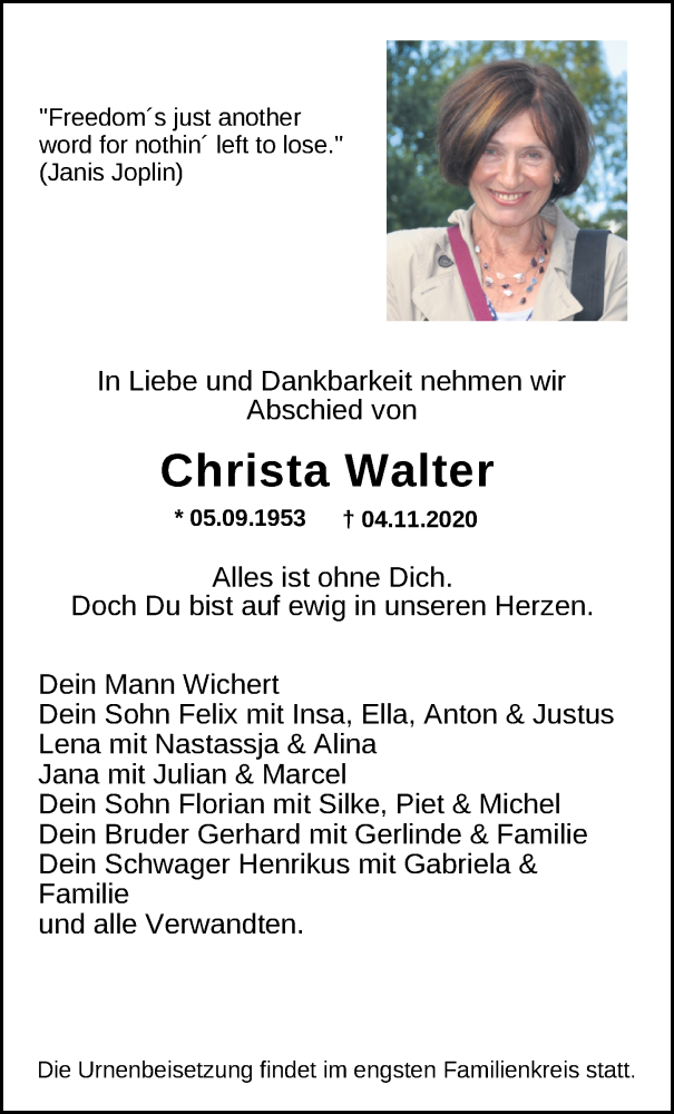  Traueranzeige für Christa Walter vom 14.11.2020 aus Nordwest-Zeitung
