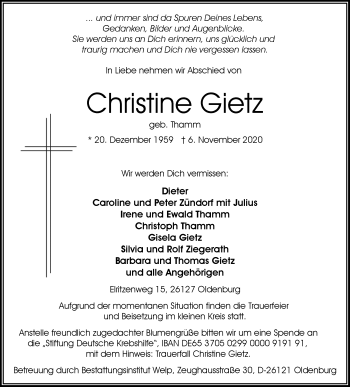 Traueranzeige von Christine Gietz von Nordwest-Zeitung