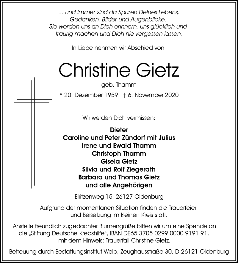  Traueranzeige für Christine Gietz vom 14.11.2020 aus Nordwest-Zeitung