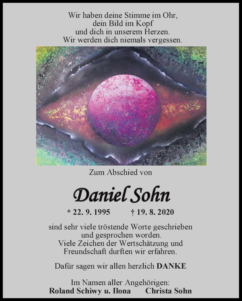  Traueranzeige für Daniel Sohn vom 07.11.2020 aus Nordwest-Zeitung