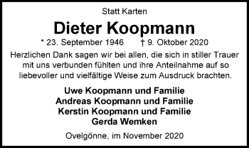Traueranzeige von Dieter Koopmann von Nordwest-Zeitung