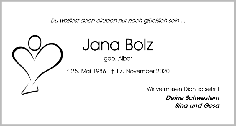  Traueranzeige für Dr. phil. Jana Bolz vom 26.11.2020 aus Nordwest-Zeitung