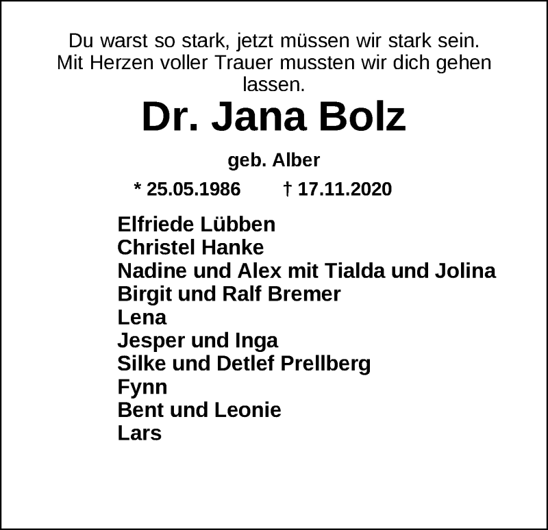  Traueranzeige für Dr. phil. Jana Bolz vom 26.11.2020 aus Nordwest-Zeitung