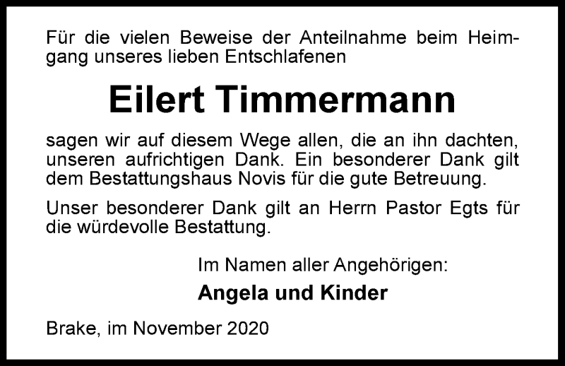 Traueranzeige für Eilert Timmermann vom 14.11.2020 aus Nordwest-Zeitung