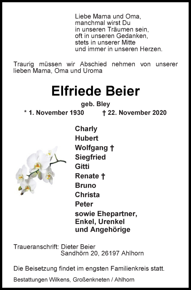  Traueranzeige für Elfriede Beier vom 26.11.2020 aus Nordwest-Zeitung