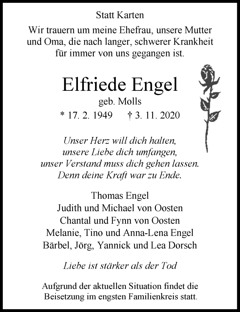  Traueranzeige für Elfriede Engel vom 06.11.2020 aus Nordwest-Zeitung